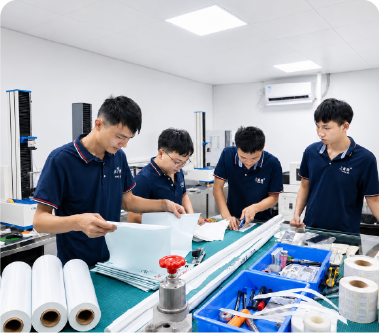 Instiker technical team developing custom labelstock constructions for printing and application requirements